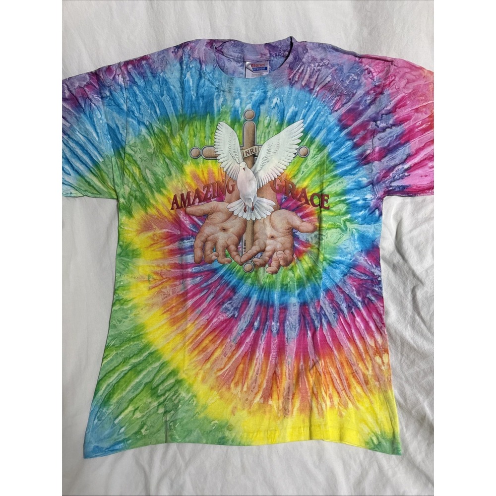 NWOT Hanes Rainbow Tie Dye Air Waves Amazing Grace Dove Graphic Tee Medium